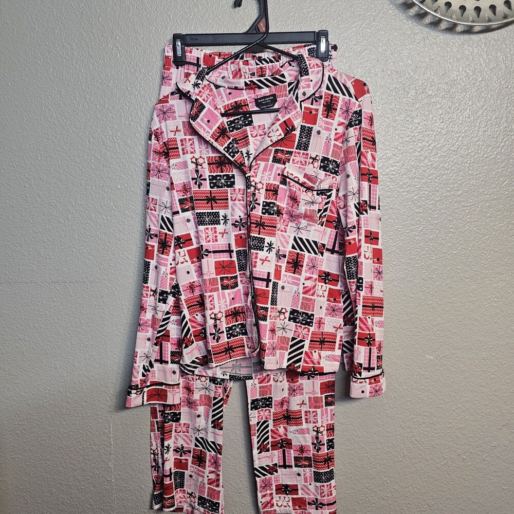Kate Spade New York Pajama Set Women's M Pink Red Gift Print Button Up PJs V136